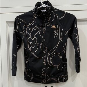 Adidas Black Jacket with roseGold scroll Design girls small(7/8) track tricot